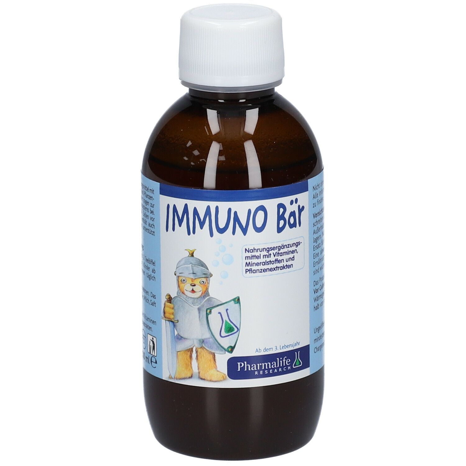 Braune Flasche mit weißem Deckel. Aufschrift: IMMUNO Bär. Enthält Vitamine, Mineralstoffe und Pflanzenextrakte. Marke: Pharmlife Research.