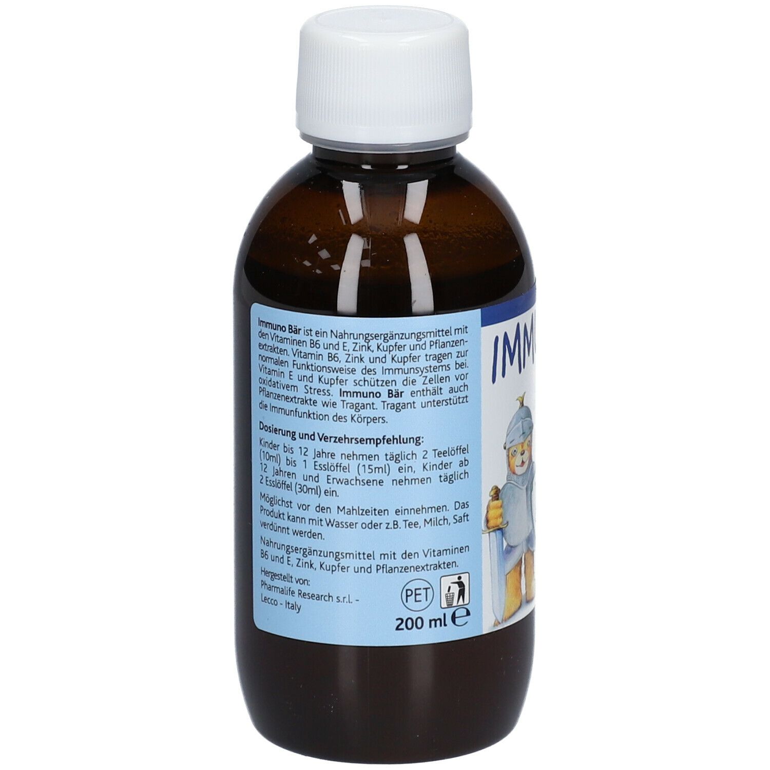 Rückseite der braunen Flasche mit weißem Deckel. Text über Inhaltsstoffe und Dosierung. Marke: Pharmlife Research. Volumen: 200 ml.