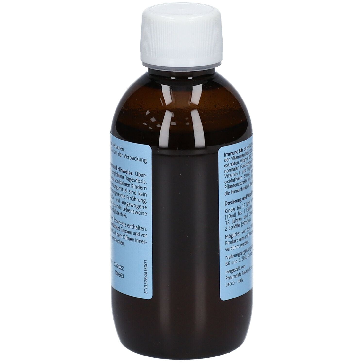 Rückseite der braunen Flasche mit weißem Deckel. Text über Hinweise und Warnungen. Marke: Pharmlife Research. Volumen: 200 ml.
