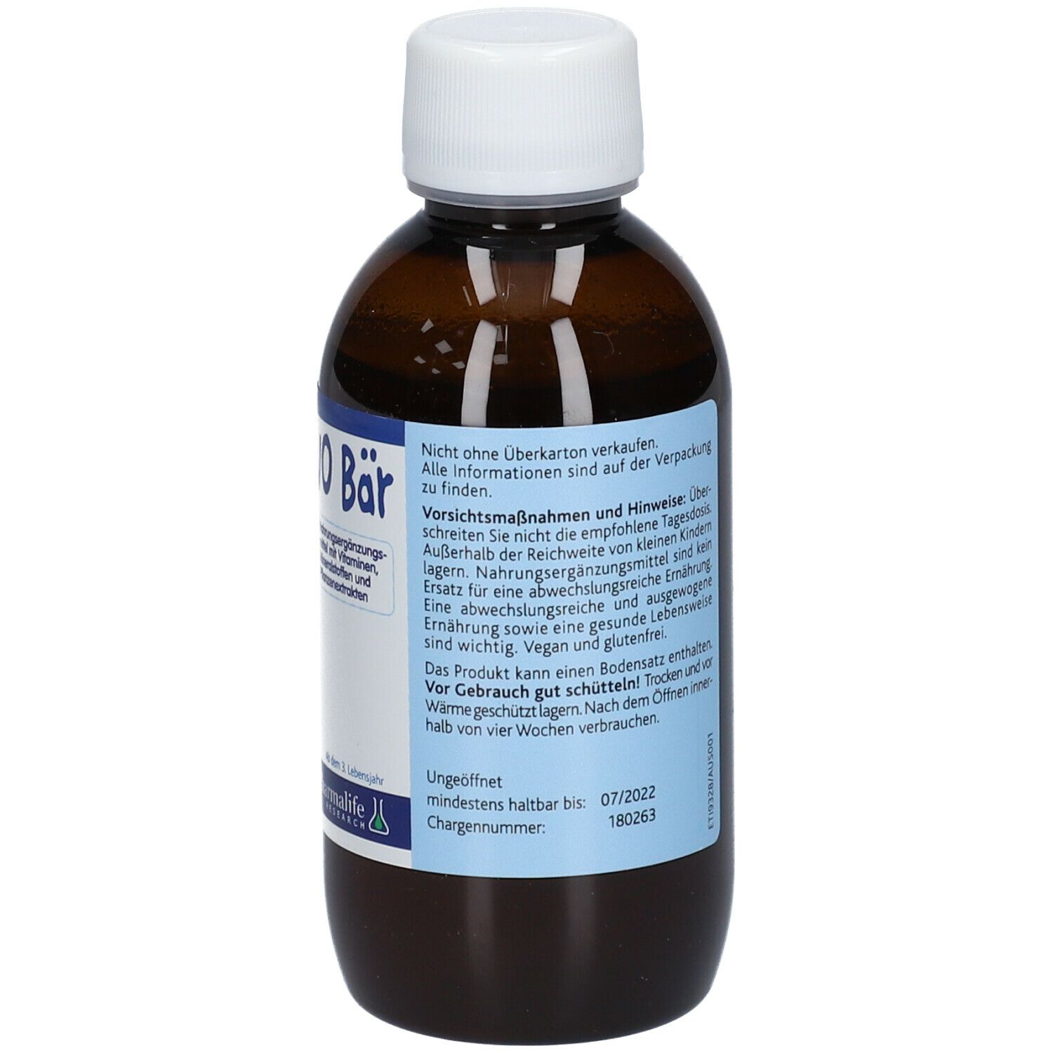 Braune Flasche mit weißem Deckel. Text über Haltbarkeit und Chargennummer. Marke: Pharmlife Research. Volumen: 200 ml.