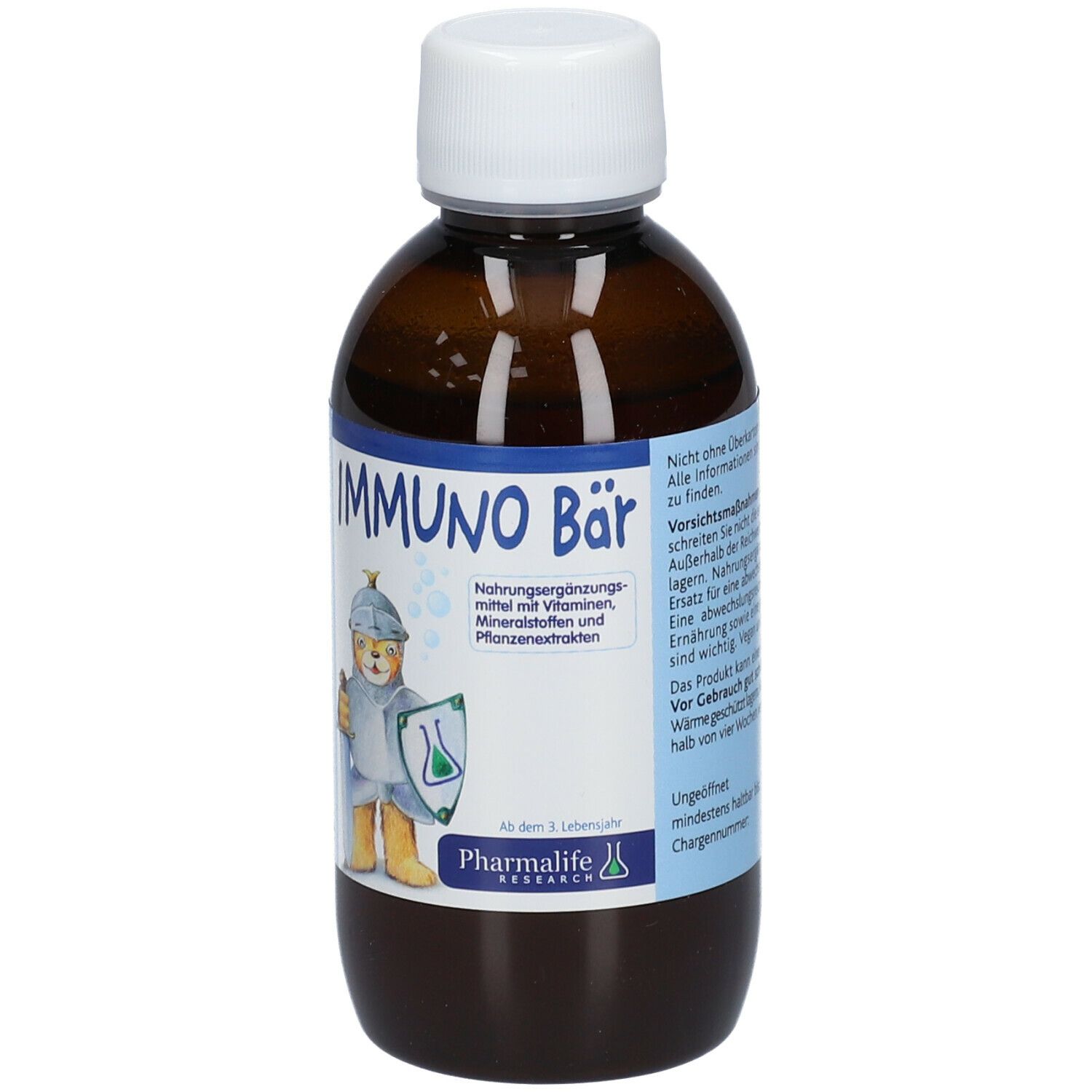 Braune Flasche mit weißem Deckel. Aufschrift: IMMUNO Bär. Enthält Vitamine, Mineralstoffe und Pflanzenextrakte. Marke: Pharmlife Research.