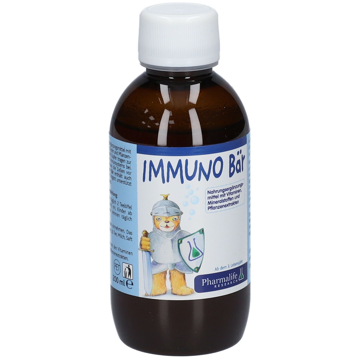 Braune Flasche mit weißem Deckel. Aufschrift: IMMUNO Bär. Enthält Vitamine, Mineralstoffe und Pflanzenextrakte. Marke: Pharmlife Research. Volumen: 200 ml.