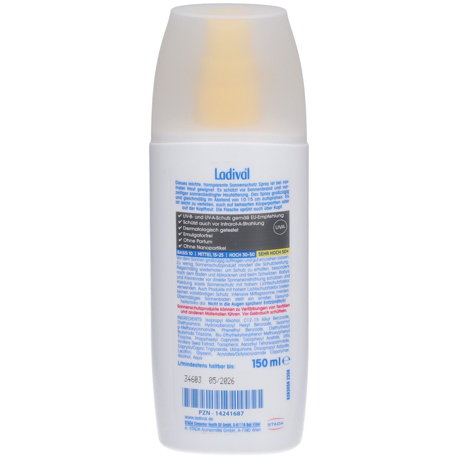 Rückseite der Ladival Sonnenschutzspray-Flasche. Textinformationen und Inhaltsstoffe. Aufschrift: 150 ml.