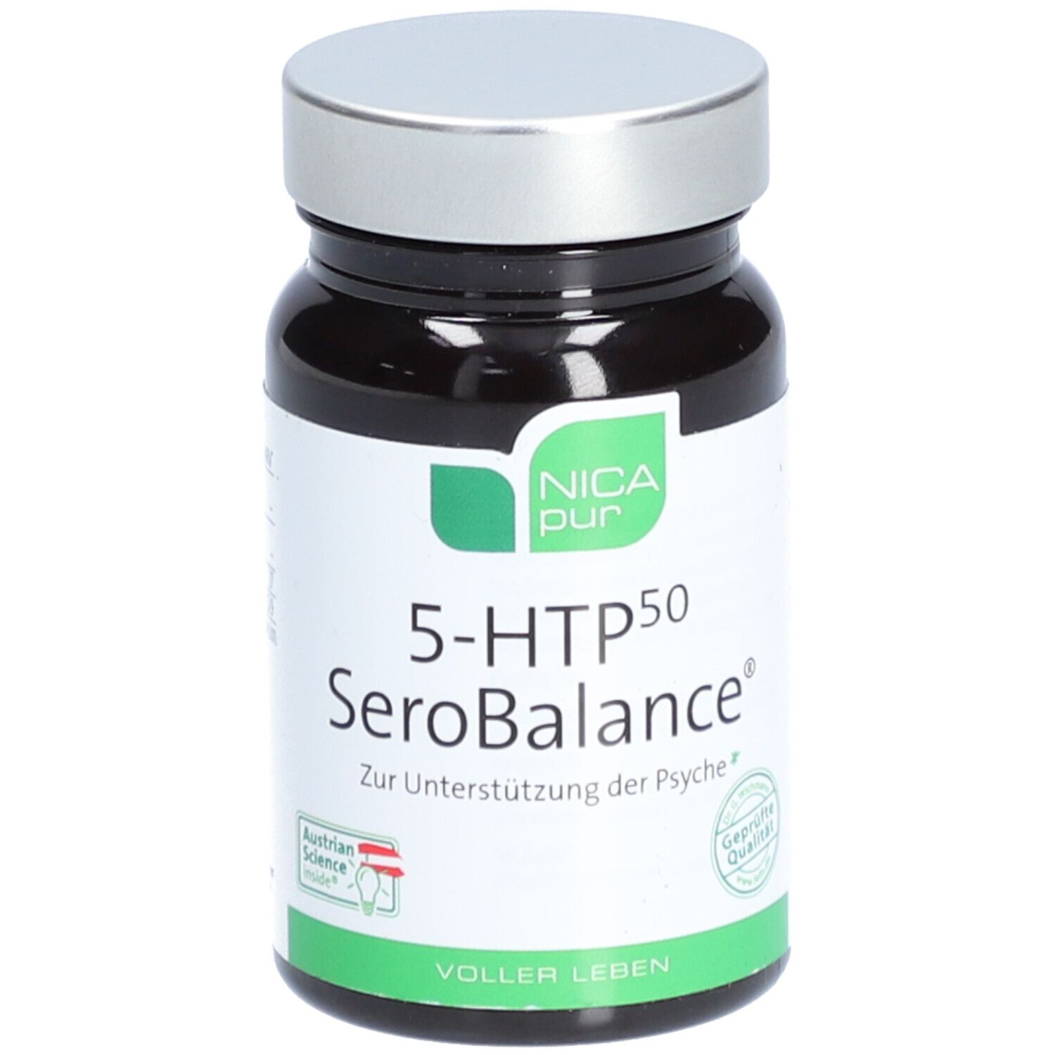 Braune Flasche mit silbernem Deckel. Aufschrift: NICApur 5-HTP50 SeroBalance. Mit österreichischem Qualitätssiegel.