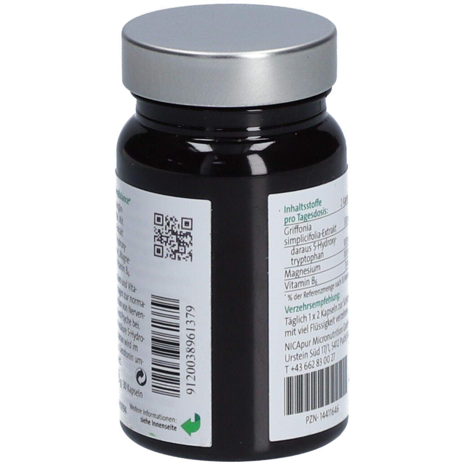 Braune Flasche mit silbernem Deckel. Rückseite mit Barcode und QR-Code. Vcaps Plus-Logo.