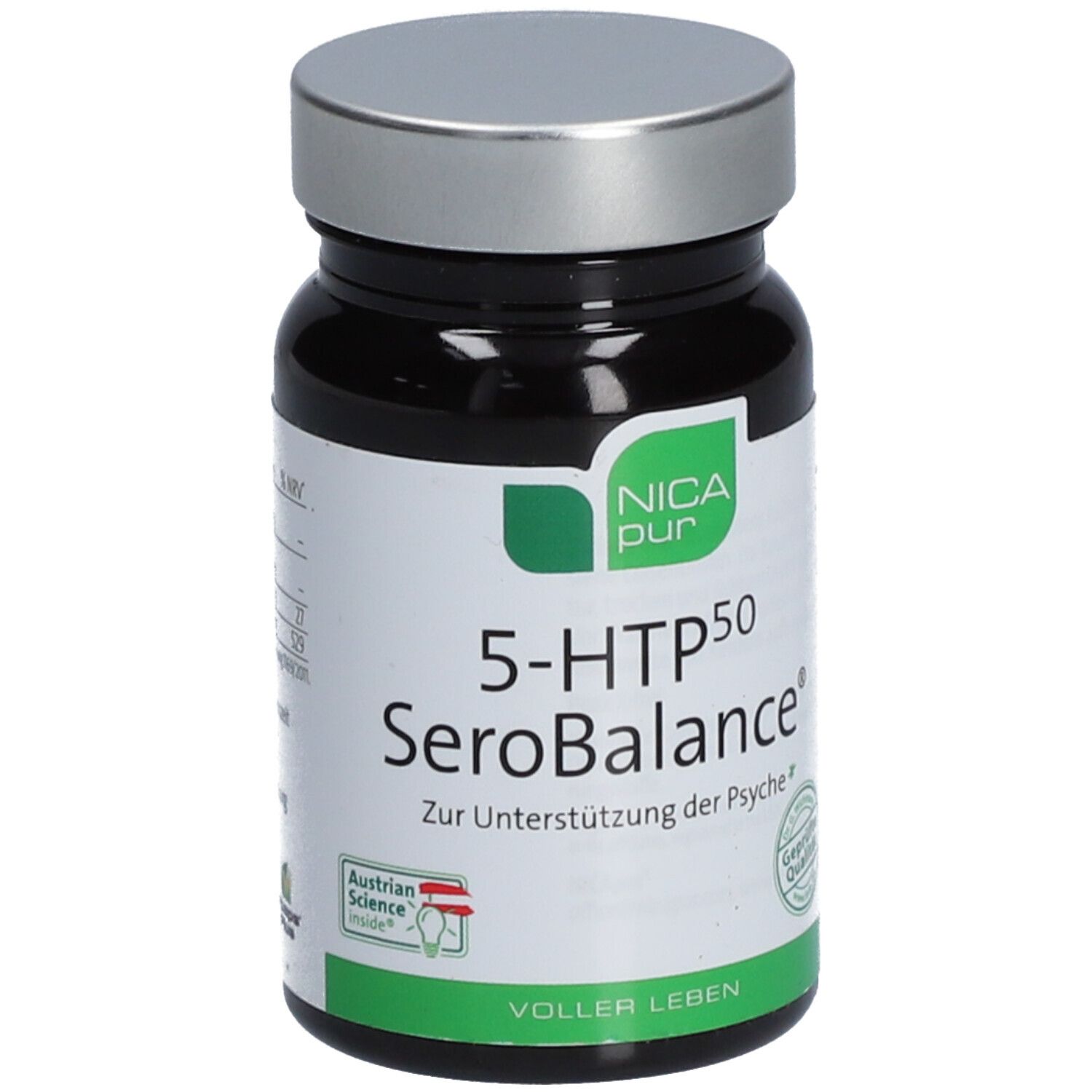 Braune Flasche mit silbernem Deckel. Aufschrift: NICApur 5-HTP50 SeroBalance. Mit österreichischem Qualitätssiegel.