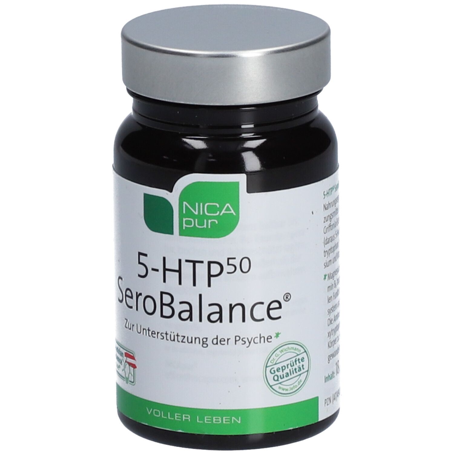 Braune Flasche mit silbernem Deckel. Aufschrift: NICApur 5-HTP50 SeroBalance. Mit österreichischem Qualitätssiegel.