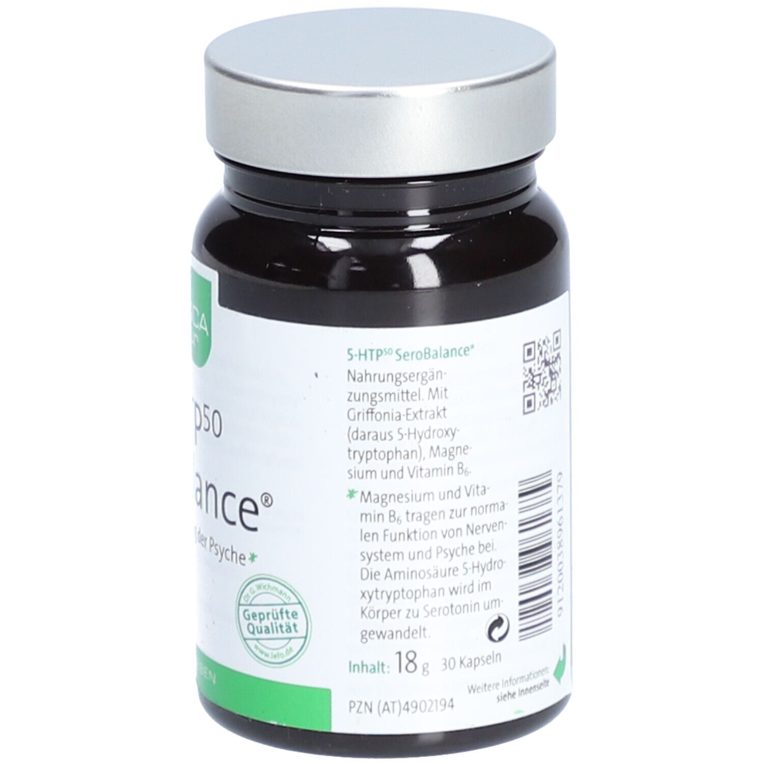 Braune Flasche mit silbernem Deckel. Aufschrift: NICApur 5-HTP50 SeroBalance. Mit Inhaltsangaben und Qualitätssiegel.
