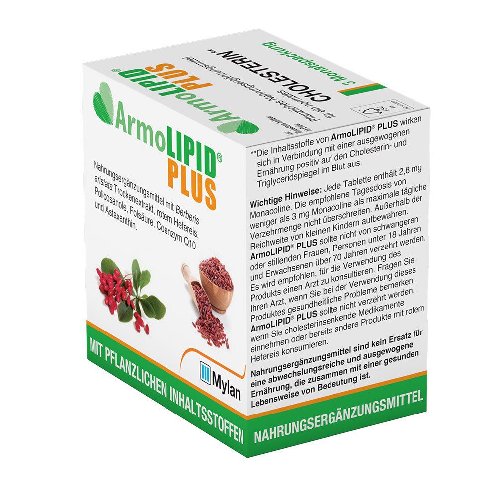 Karton von ArmoLIPID® PLUS. Enthält Text über die Verwendung und Hinweise. Grün-weißes Design mit Produktnamen und Logo.