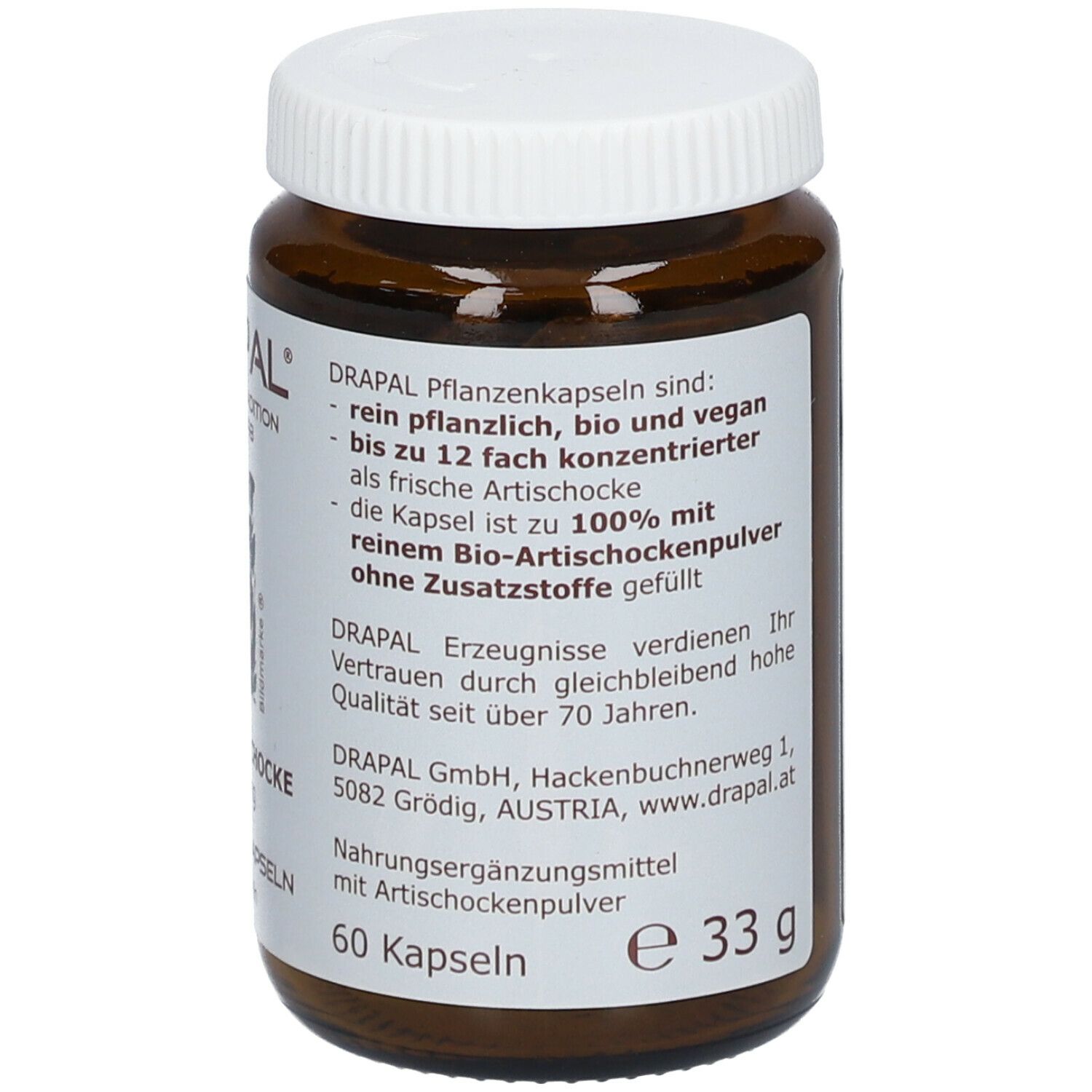 Braune Glasflasche mit weißem Deckel. Etikett mit DRAPAL, Bio-Artischocke 500 mg, 60 Kapseln.