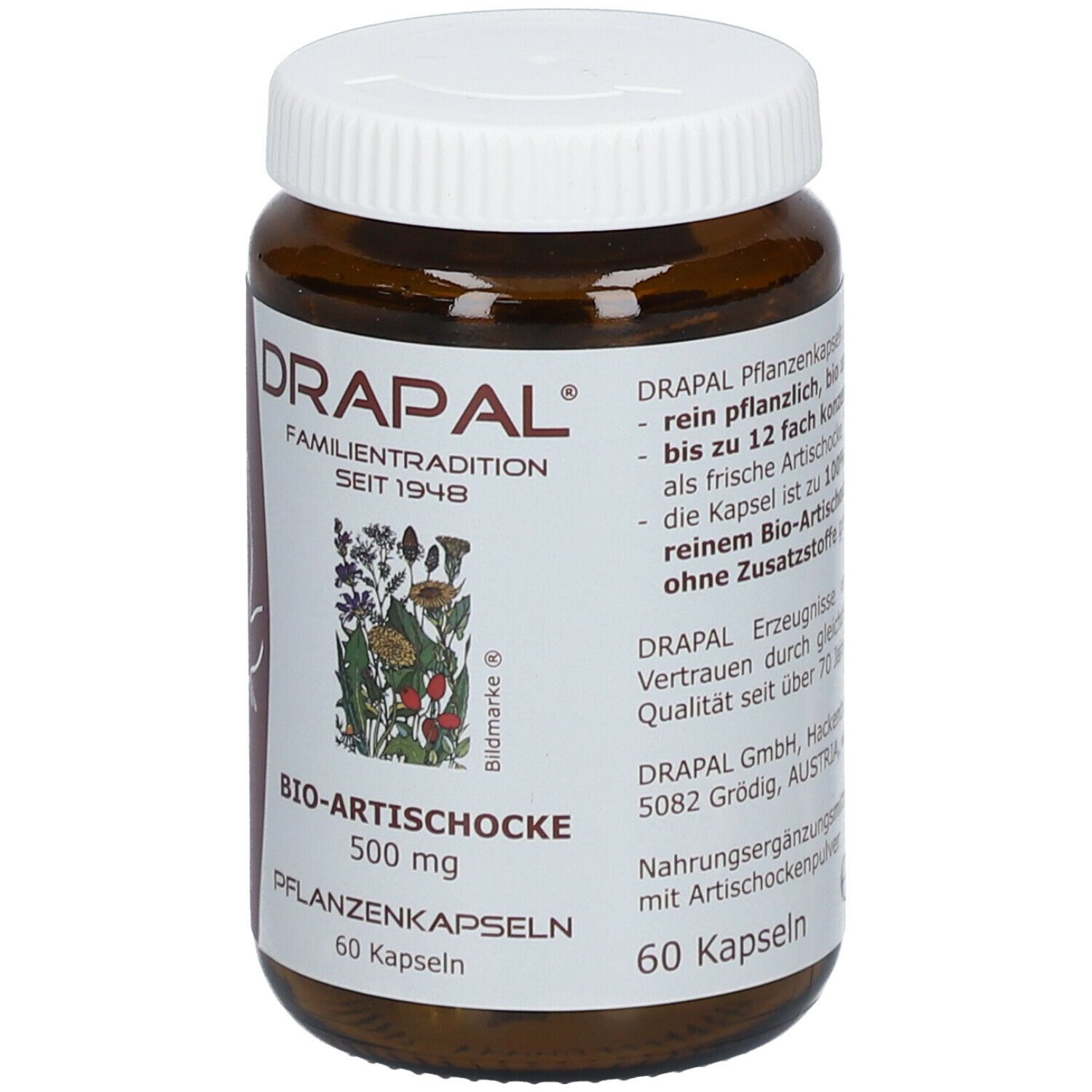 Braune Glasflasche mit weißem Deckel. Etikett mit DRAPAL, Bio-Artischocke 500 mg, 60 Kapseln.