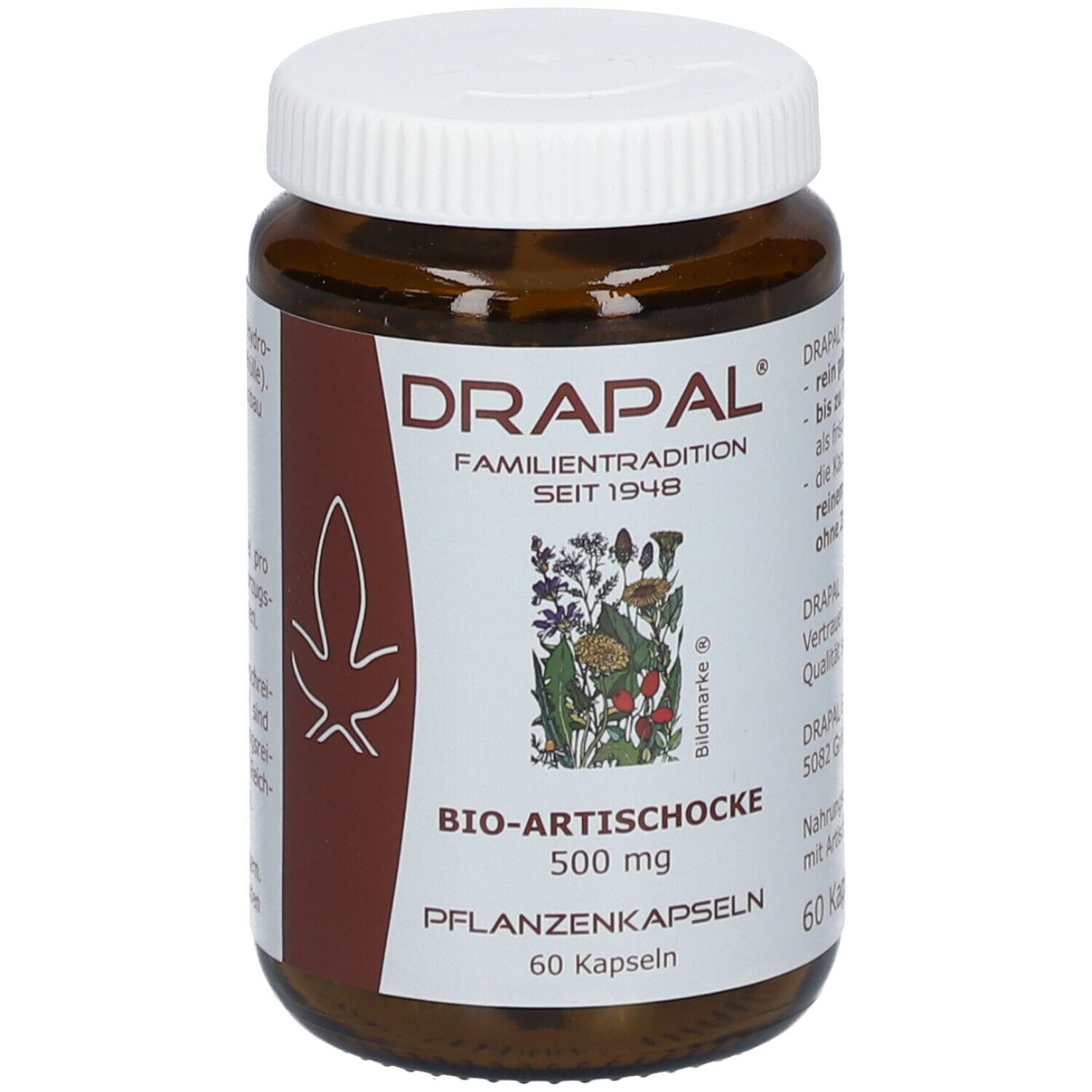 Braune Glasflasche mit weißem Deckel. Etikett mit DRAPAL, Bio-Artischocke 500 mg, 60 Kapseln.