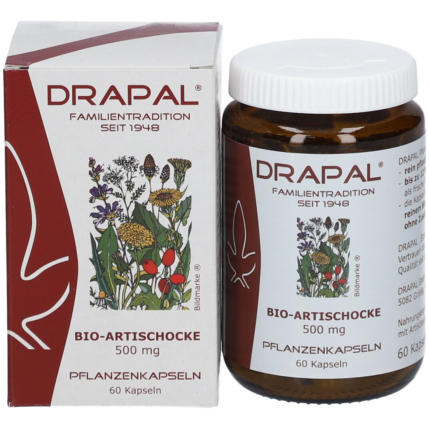 Braune Glasflasche und Schachtel. Schachtel mit DRAPAL, Bio-Artischocke 500 mg, 60 Kapseln.