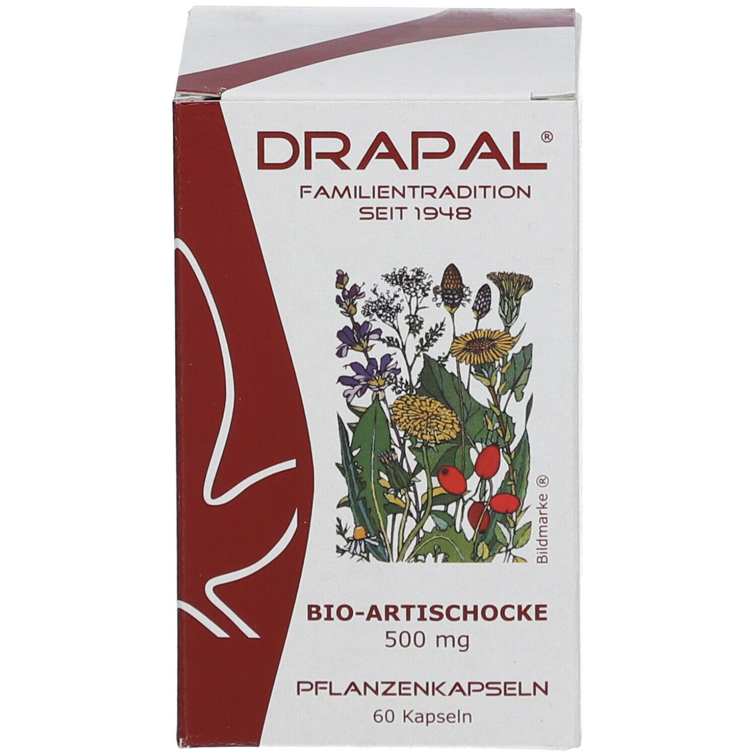 Schachtel mit DRAPAL, Bio-Artischocke 500 mg, 60 Kapseln. Rote und weiße Farbgebung.