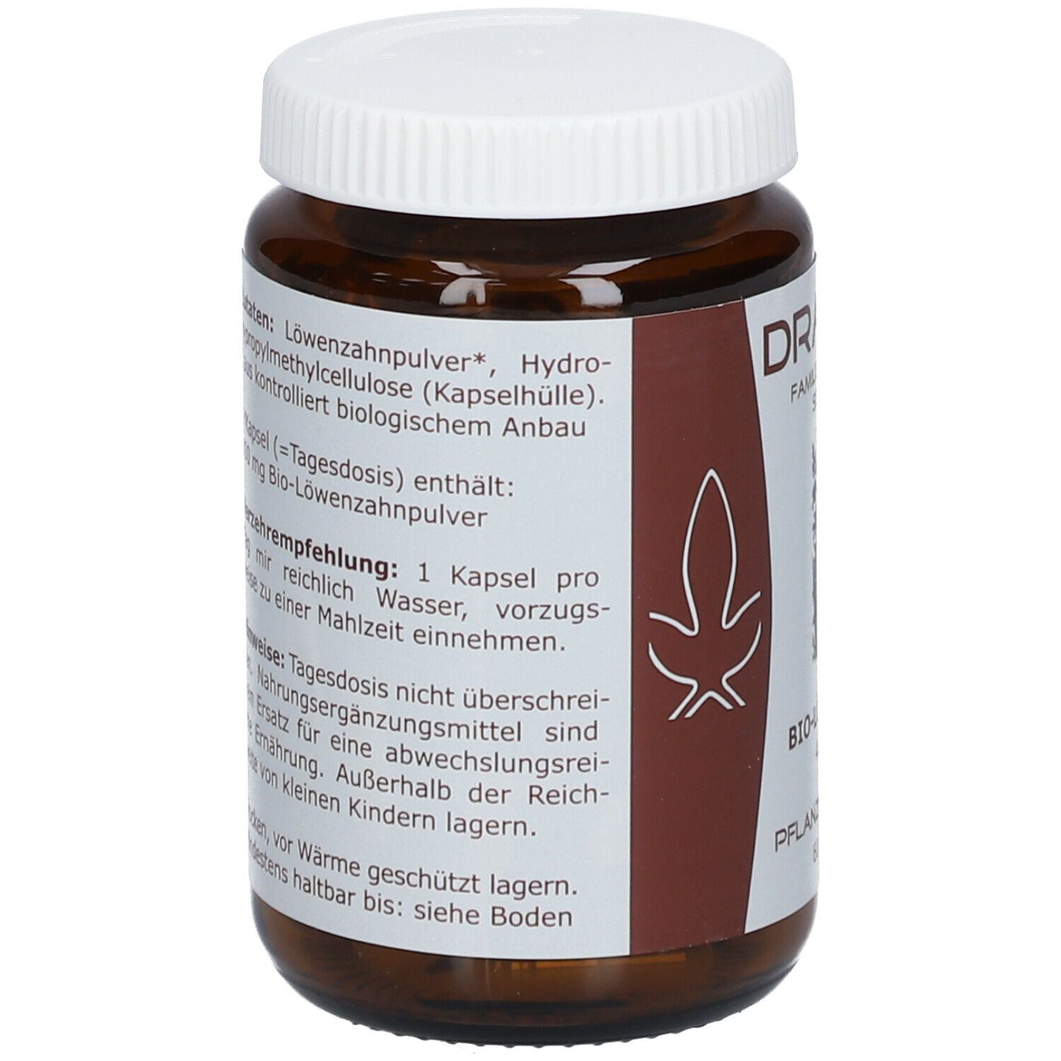 Braune Glasflasche mit weißem Deckel. Aufschrift: DRAPAL. Text mit Inhaltsstoffen und Verzehrempfehlung. Rückseite mit Informationen.