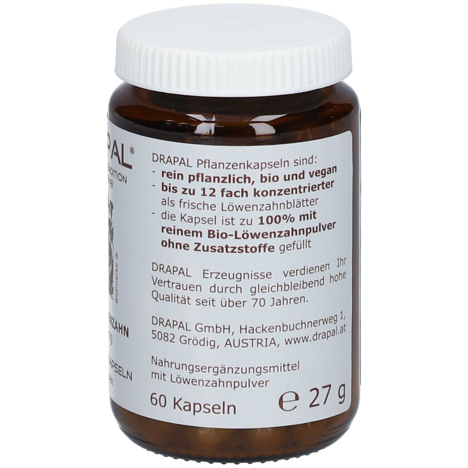 Braune Glasflasche mit weißem Deckel. Aufschrift: DRAPAL. Text mit Inhaltsstoffen und Verzehrempfehlung. 60 Kapseln. 27 g.