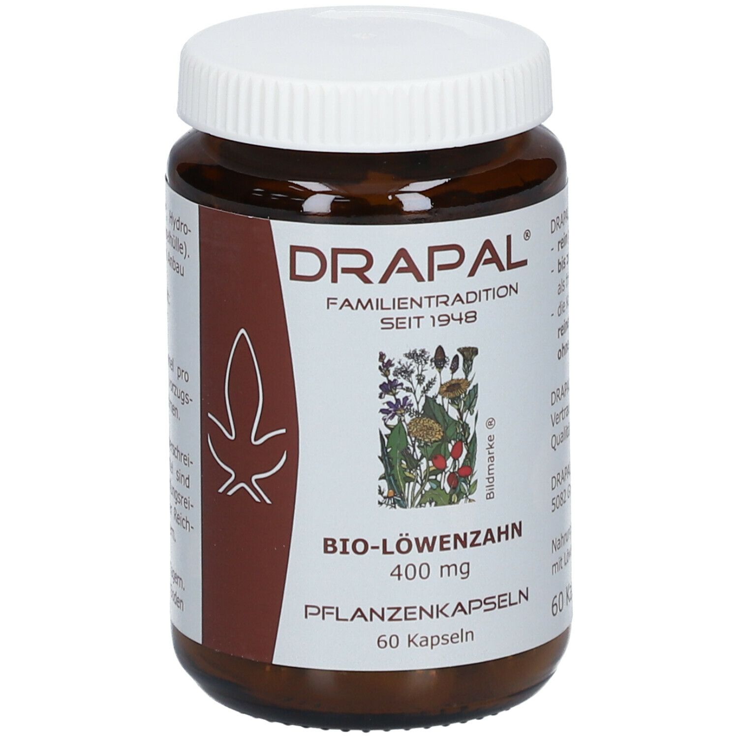 Braune Glasflasche mit weißem Deckel. Aufschrift: DRAPAL BIO-LÖWENZAHN 400 mg, 60 Kapseln. Familien-Tradition seit 1948.