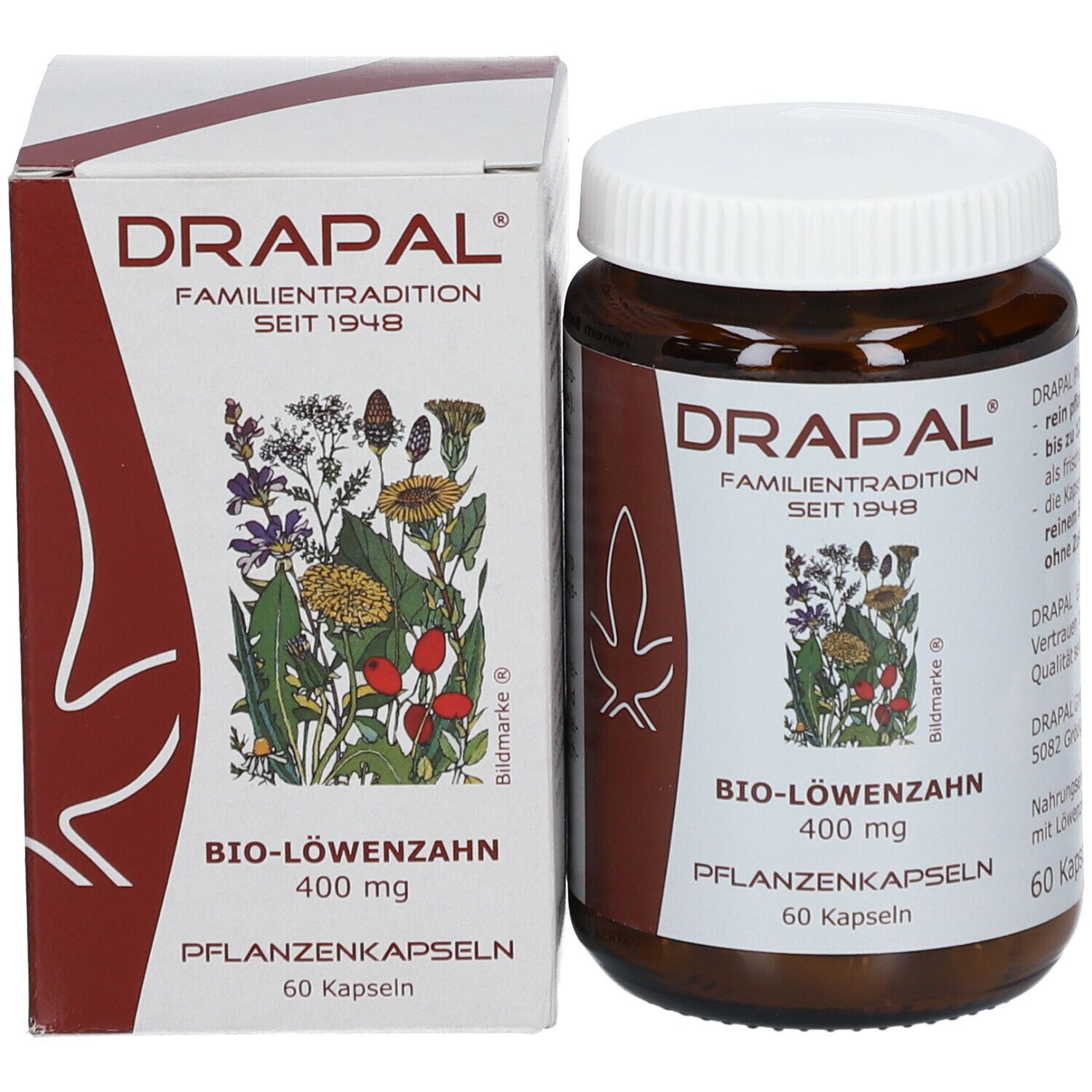 Braune Glasflasche und Schachtel. Aufschrift: DRAPAL BIO-LÖWENZAHN 400 mg, 60 Kapseln. Familien-Tradition seit 1948.