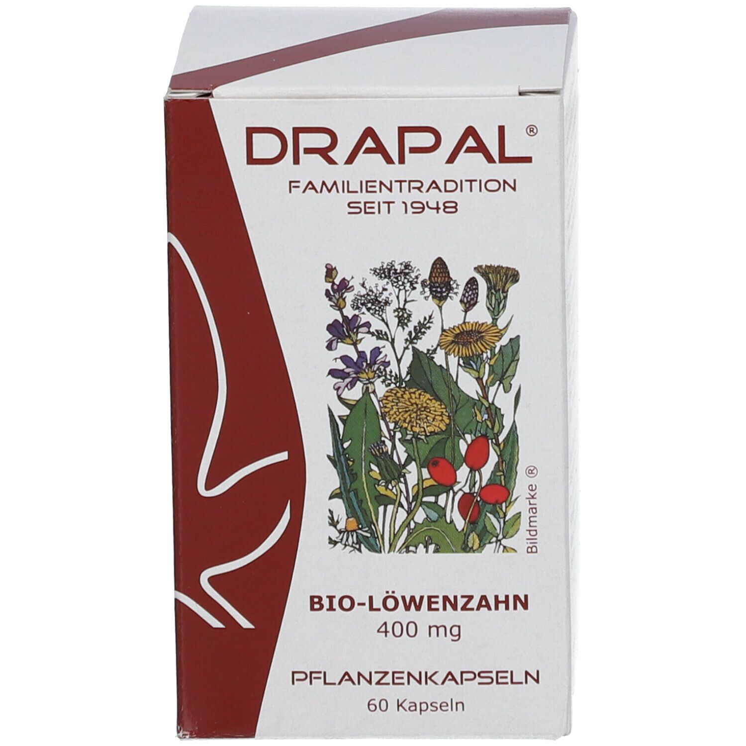 Schachtel. Aufschrift: DRAPAL BIO-LÖWENZAHN 400 mg, 60 Kapseln. Familien-Tradition seit 1948. Bildmarke.
