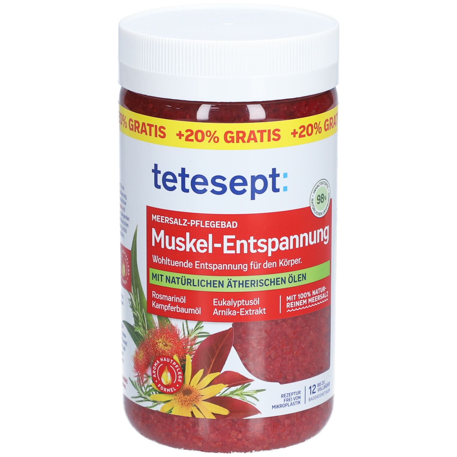 Rote Salzflocken in einem weißen Behälter. Aufschrift: tetesept Muskel-Entspannung. Mit ätherischen Ölen.