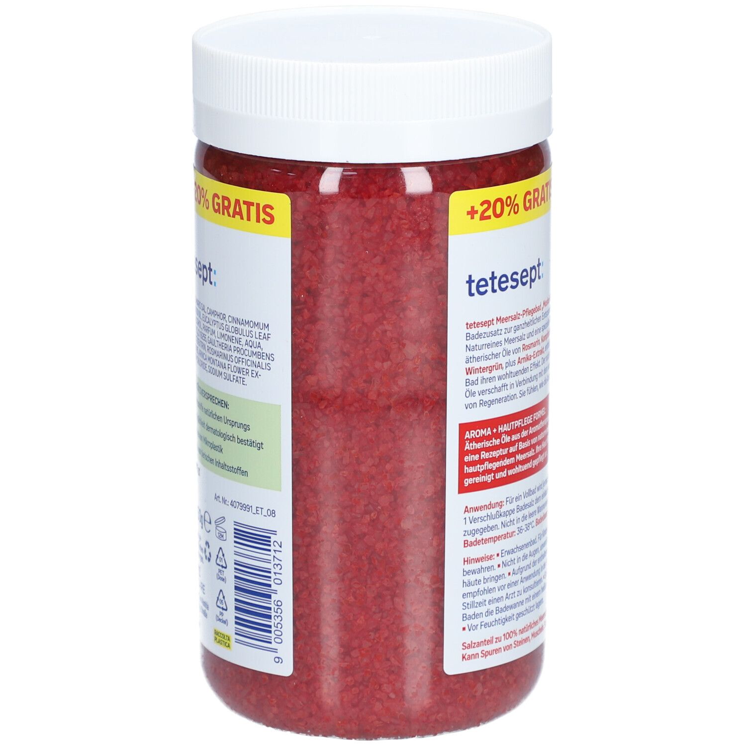 Rote Salzflocken in einem weißen Behälter. Aufschrift: tetesept. Rückseite mit Produktinformationen und Inhaltsstoffen.