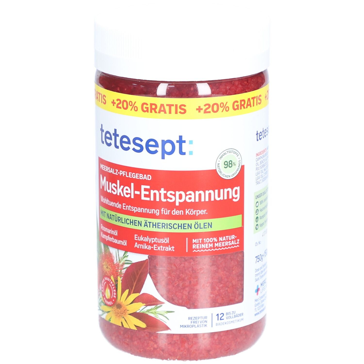 Rote Salzflocken in einem weißen Behälter. Aufschrift: tetesept Meersalz-Pflegebad Muskel-Entspannung. 98% Inhaltsstoffe natürlichen Ursprungs.