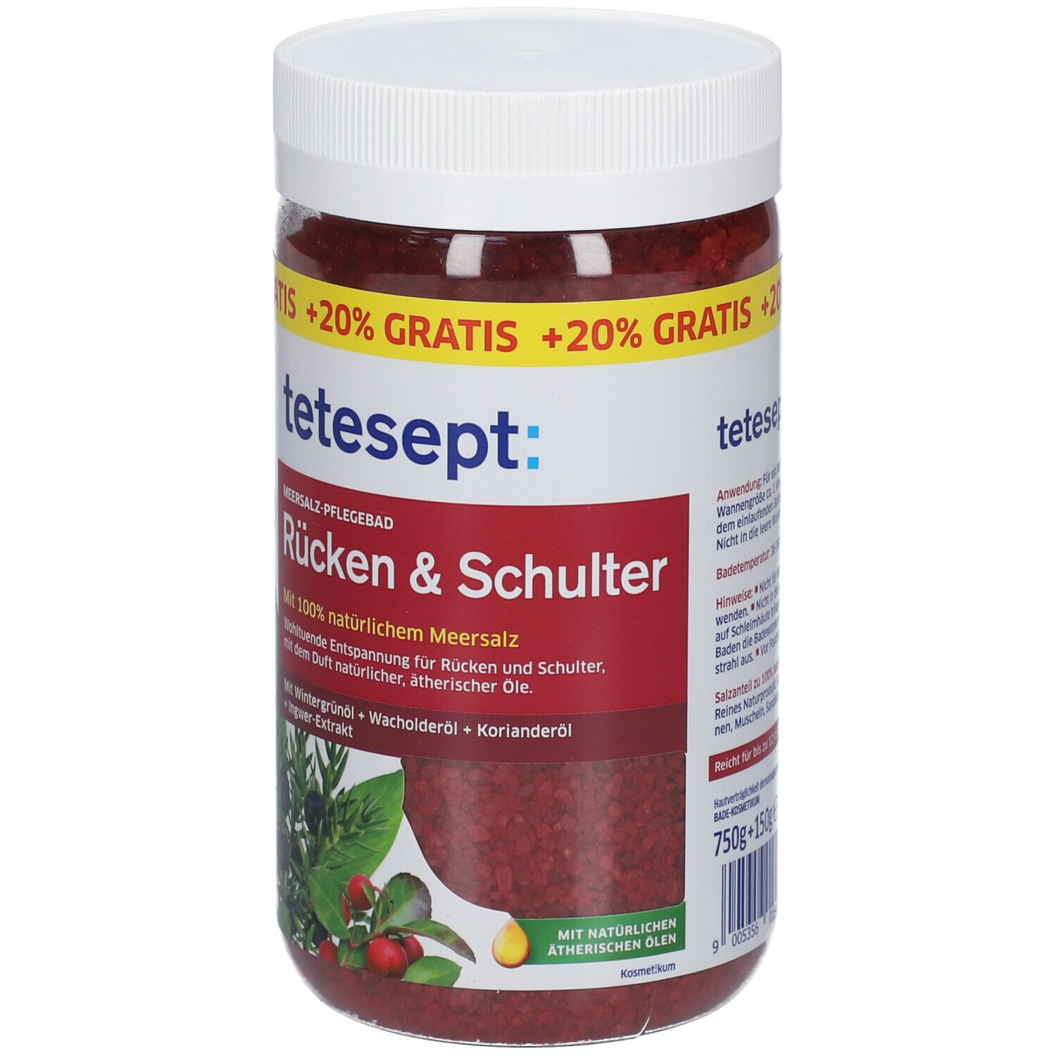 Runde Dose mit rotem Inhalt. Aufschrift: tetesept: MEERSALZ-PFLEGEBAD Rücken & Schulter. Mit 20% gratis. 750g + 150g.