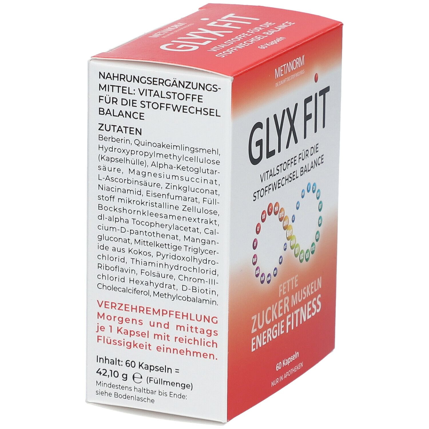 METANORM GLYX FIT-Packung. Seitenansicht mit Inhaltsstoffen und Verzehrempfehlung. 60 Kapseln.