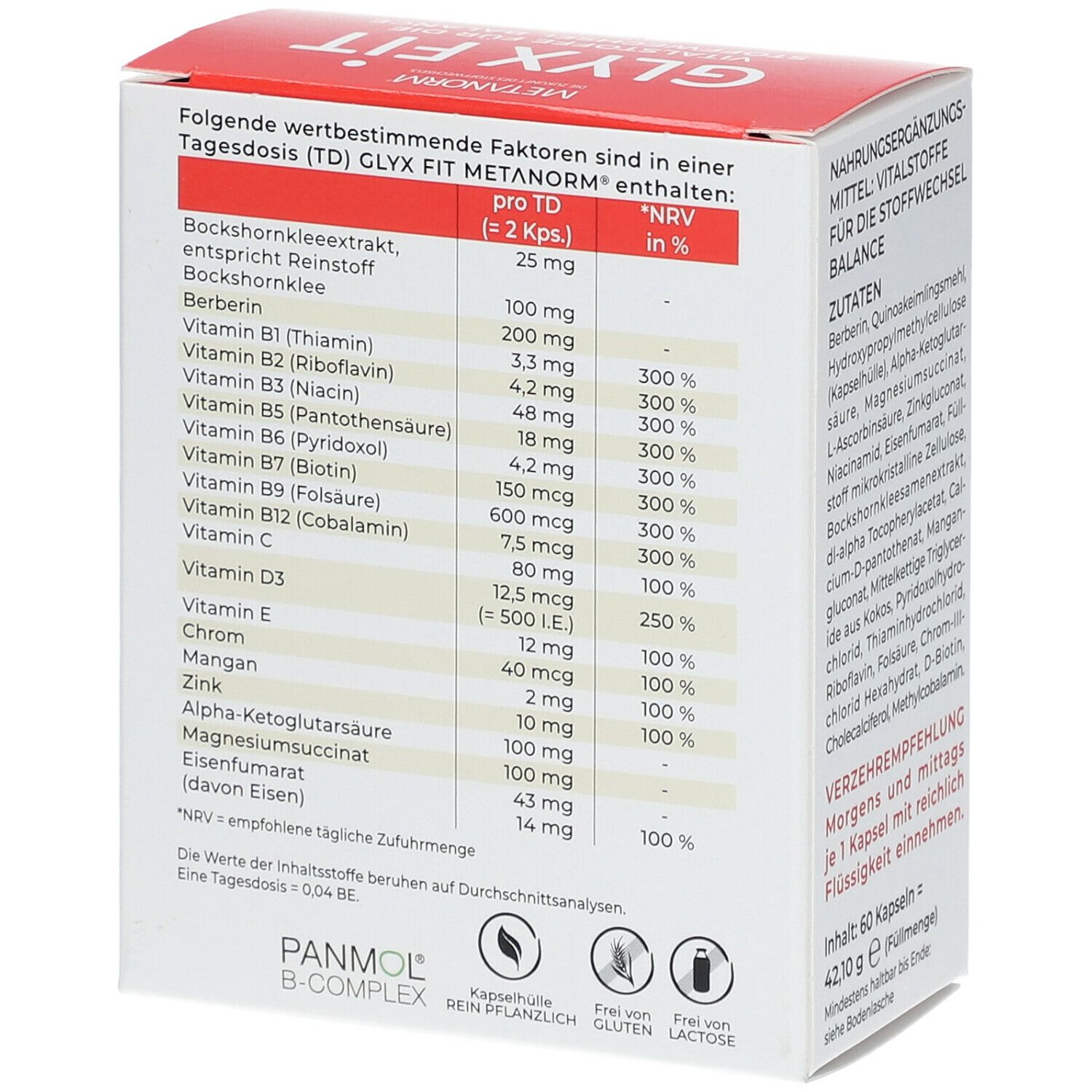 METANORM GLYX FIT-Packung. Rückseite mit Nährwerttabelle. Enthält Vitamine und Mineralstoffe. 60 Kapseln.
