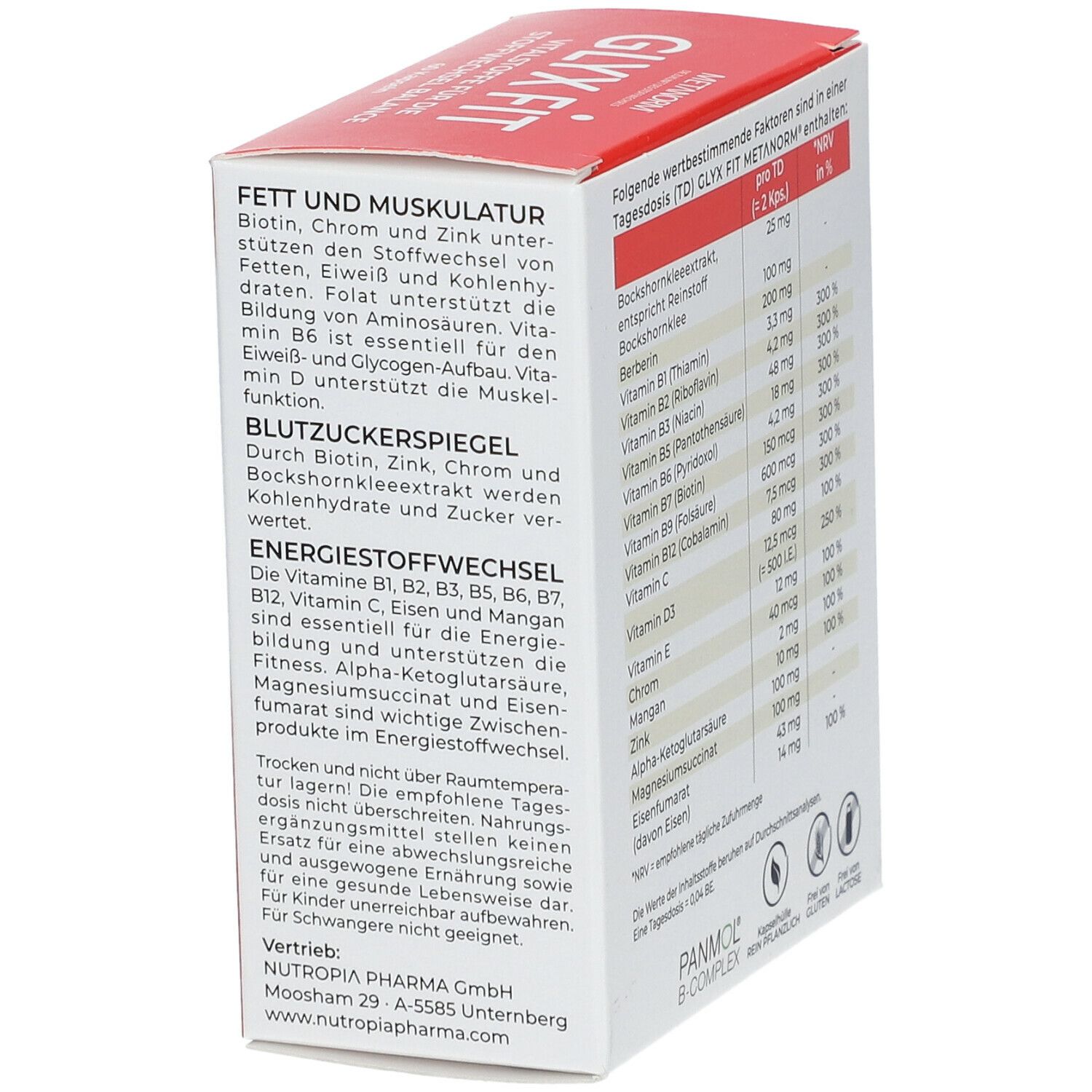 METANORM GLYX FIT-Packung. Rückseite mit Informationen zu Fett- und Muskelstoffwechsel. 60 Kapseln.
