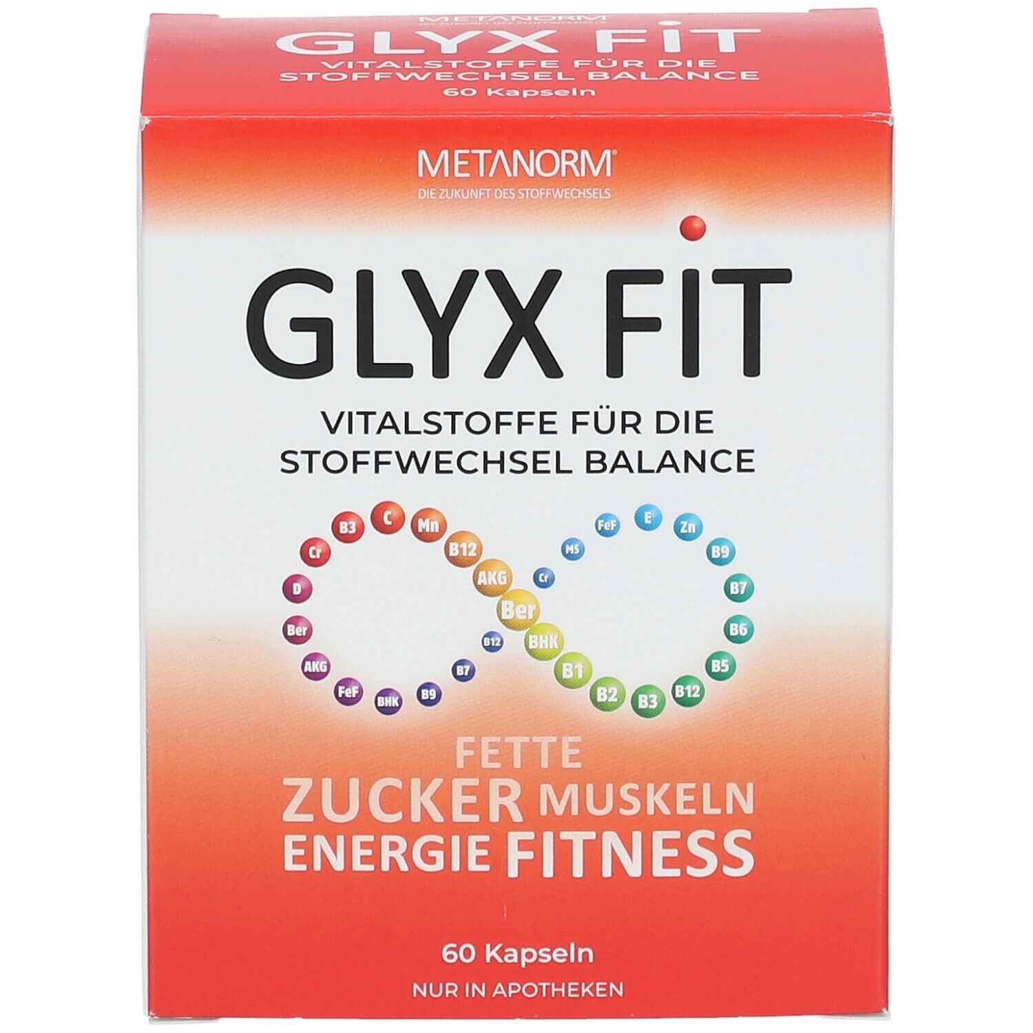 METANORM GLYX FIT-Packung. Rote und weiße Schachtel mit Produktnamen und Inhaltsangaben. 60 Kapseln.