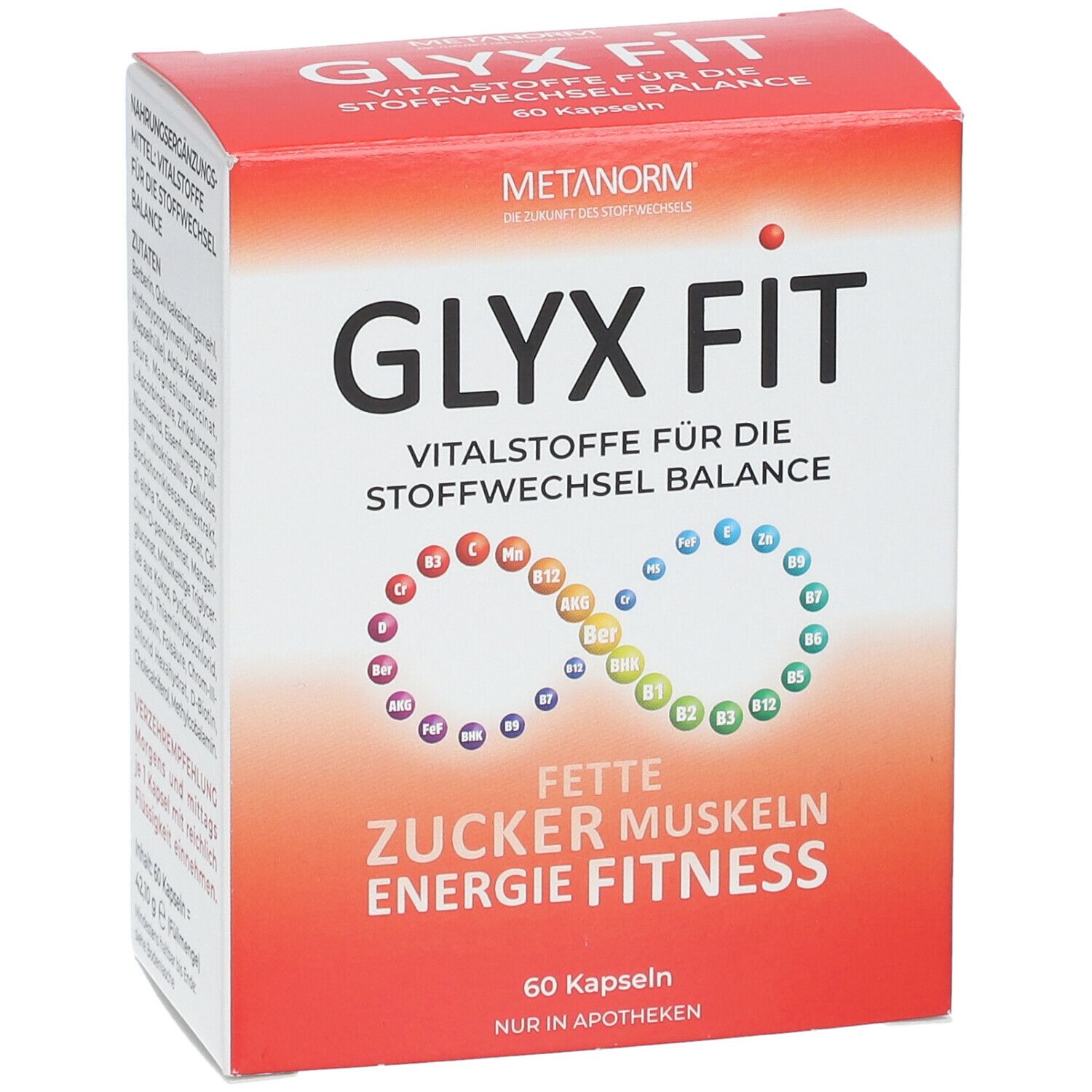 METANORM GLYX FIT-Packung. Rote und weiße Schachtel mit Produktnamen und Inhaltsangaben. 60 Kapseln.