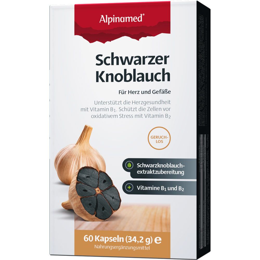 Verpackung von Alpinamed Schwarzer Knoblauch. 60 Kapseln. Abbildung von Knoblauchzehen. Text: Schwarzer Knoblauch, für Herz und Gefäße.