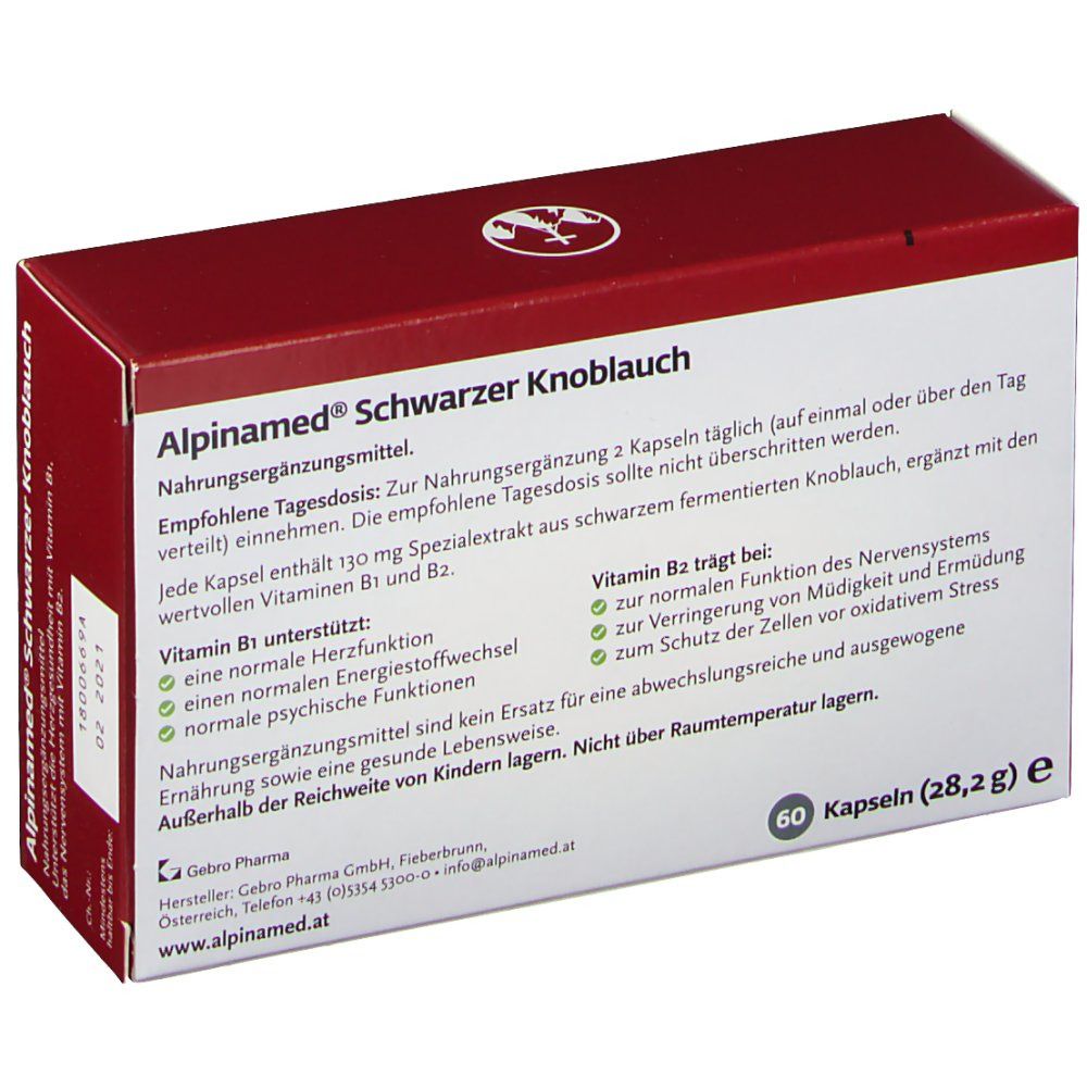 Rote Schachtel von Alpinamed Schwarzer Knoblauch. Text: Nahrungsergänzungsmittel. 60 Kapseln. Informationen zu Inhaltsstoffen und Anwendung.