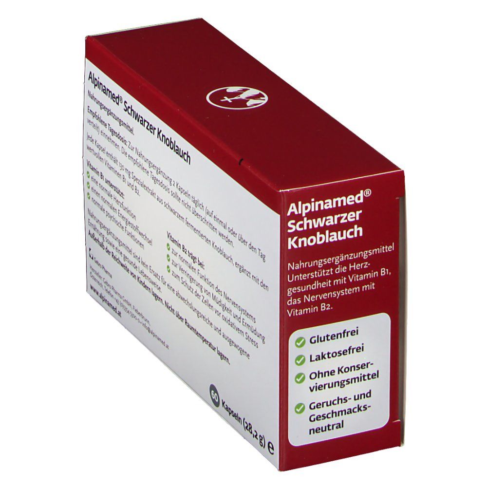 Schachtel von Alpinamed Schwarzer Knoblauch, rot und weiß. Text: Nahrungsergänzungsmittel. 60 Kapseln. Informationen zu Inhaltsstoffen und Anwendung.