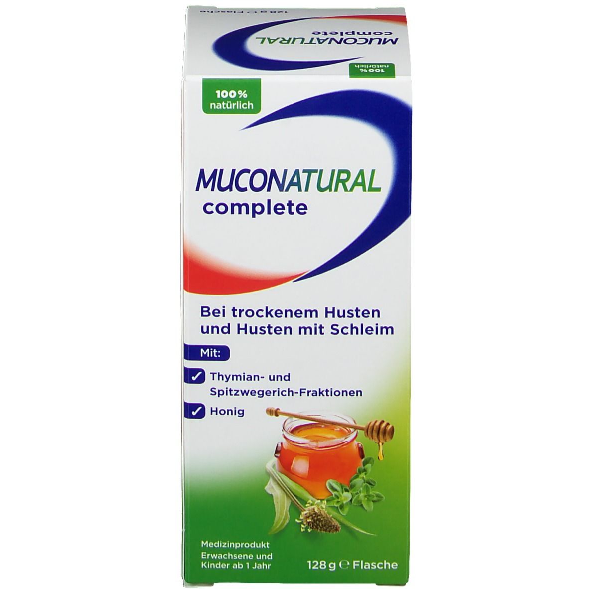 Verpackung mit Produktnamen und Inhaltsangaben. Enthält Abbildungen von Honig und Kräutern.
