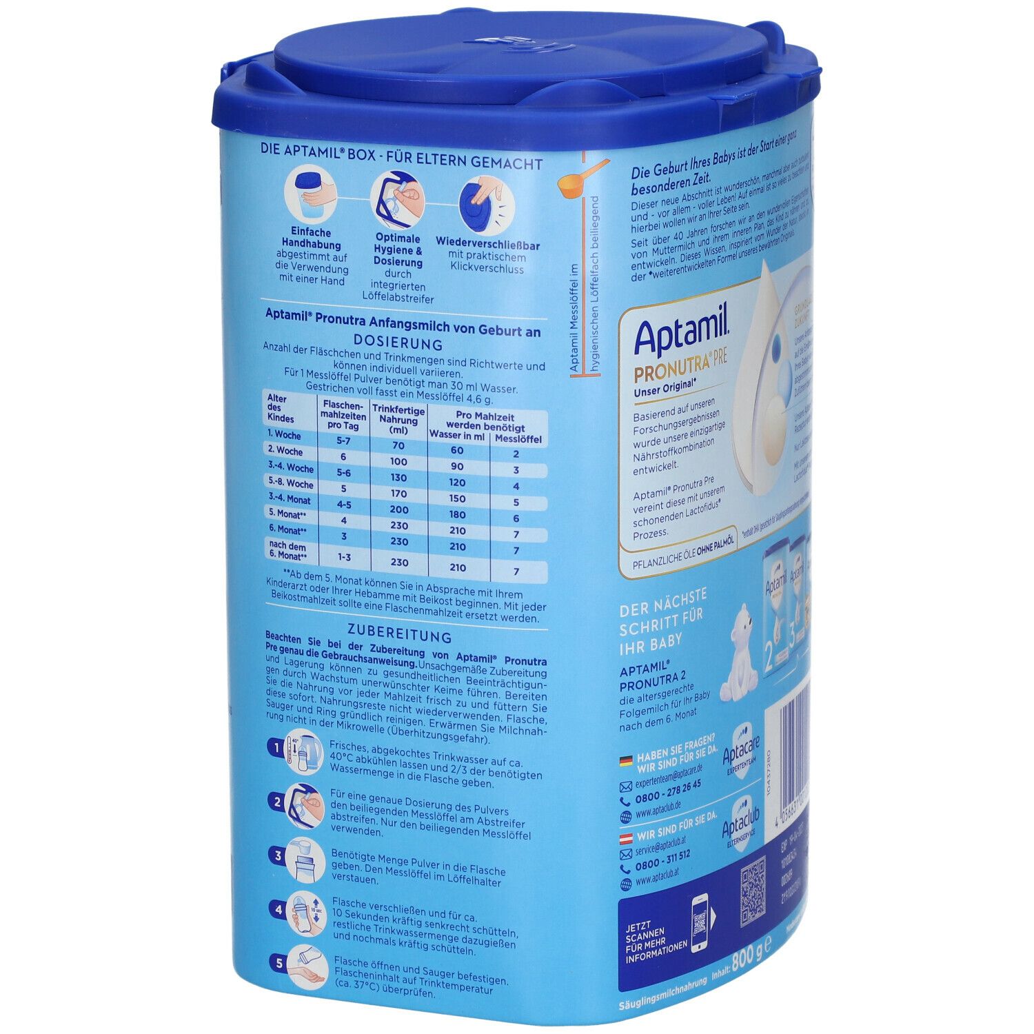 Seite der Aptamil PRE-Dose mit Dosieranleitung. Blaue Dose mit Deckel. 800g. Informationen zur Zubereitung.