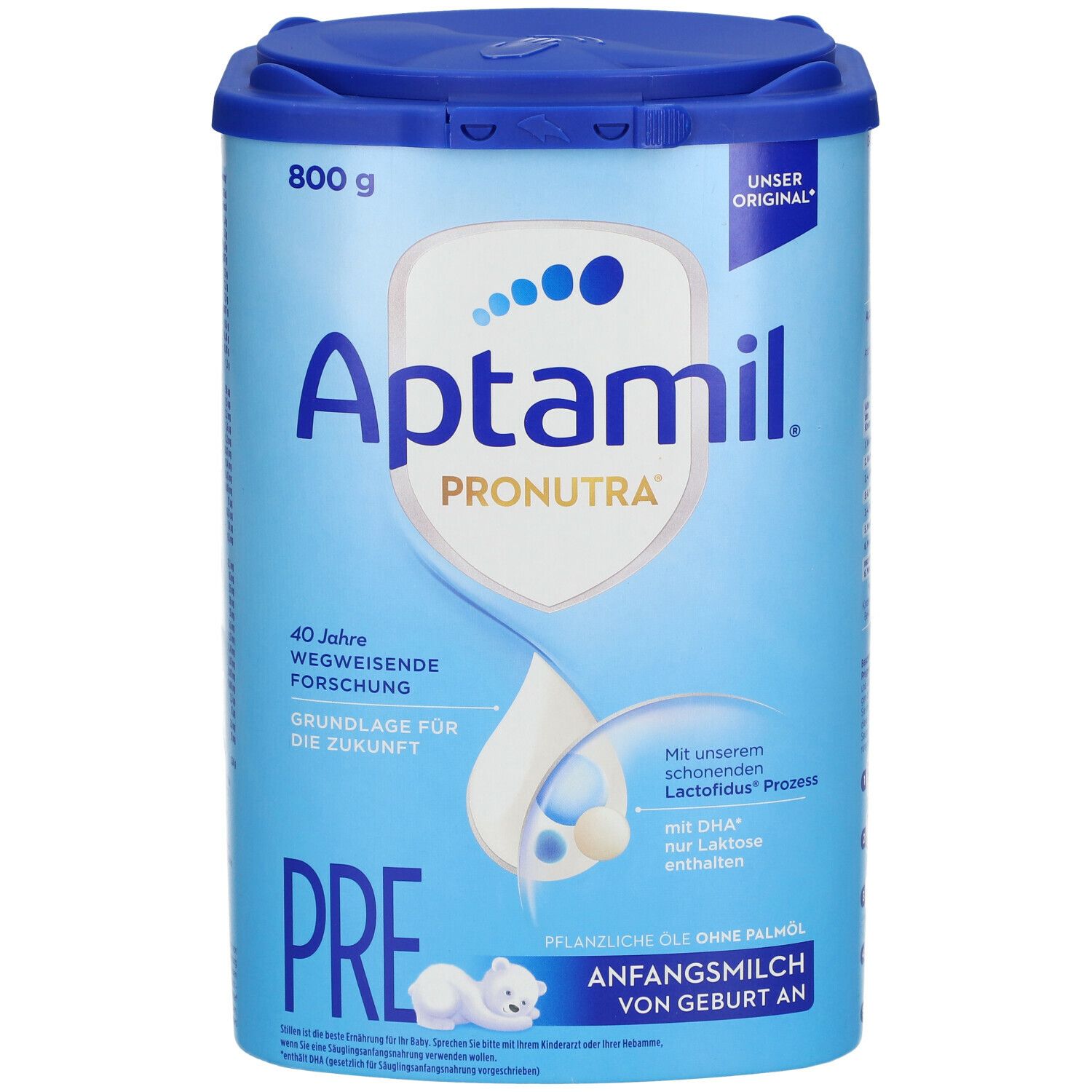 Aptamil PRE-Anfangsmilch in Dose. Blaue Dose mit Deckel. 800g. Enthält DHA. Ohne Palmöl. Mit Lactofidus-Prozess.