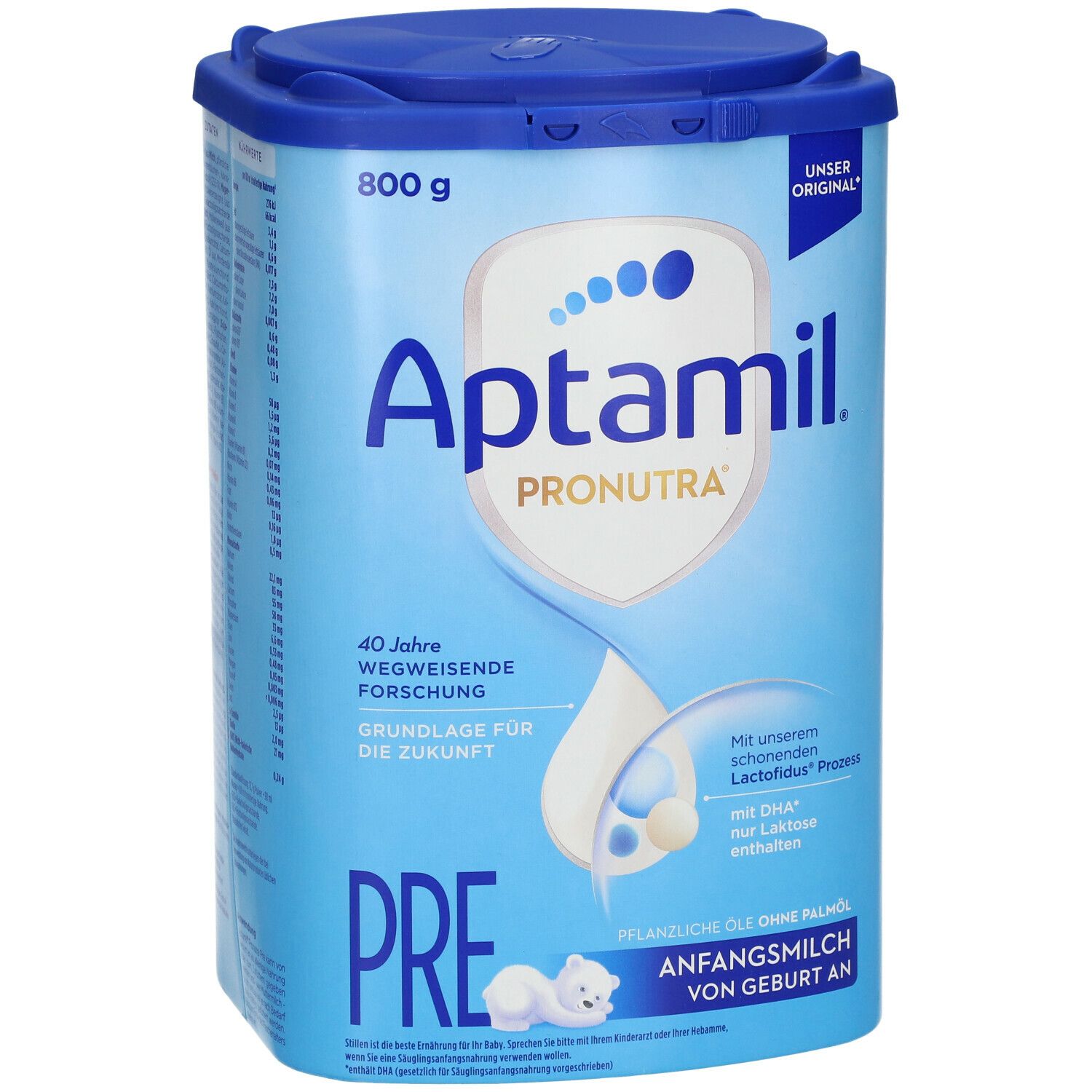Aptamil PRE-Anfangsmilch in Dose. Blaue Dose mit Deckel. 800g. Enthält DHA. Ohne Palmöl. Mit Lactofidus-Prozess.