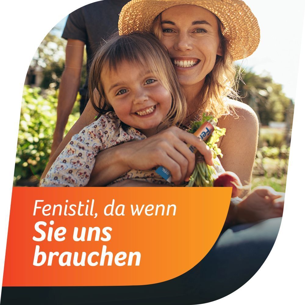 Mutter und Kind. Text: Fenistil, da wenn Sie uns brauchen. Orangefarbener Hintergrund.