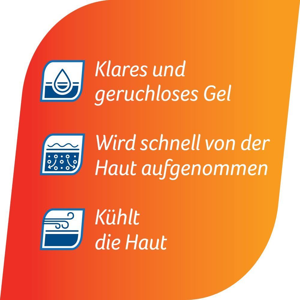 Orangefarbener Hintergrund mit Text und Symbolen. Text: Klares und geruchloses Gel, wird schnell von der Haut aufgenommen, kühlt die Haut.