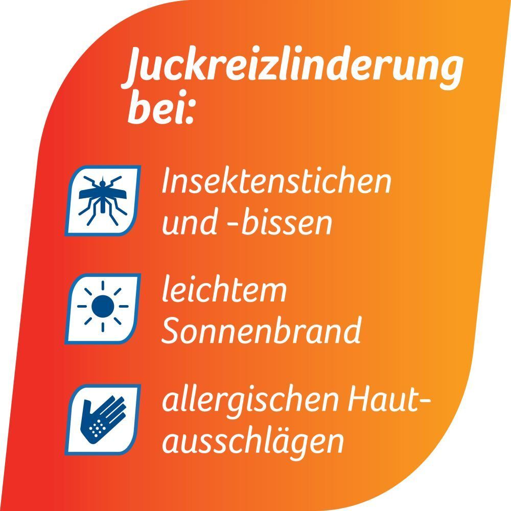 Orangefarbener Hintergrund mit Text und Symbolen. Text: Juckreizlinderung bei: Insektenstichen, leichtem Sonnenbrand, allergischen Hautausschlägen.