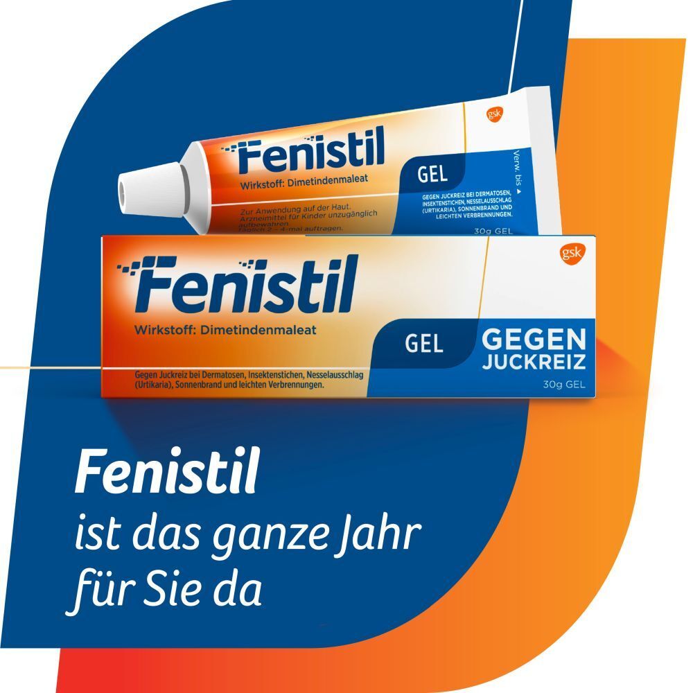 Fenistil Gel-Tube und -Schachtel. Blau-orangefarbenes Design. Text: Fenistil ist das ganze Jahr für Sie da.