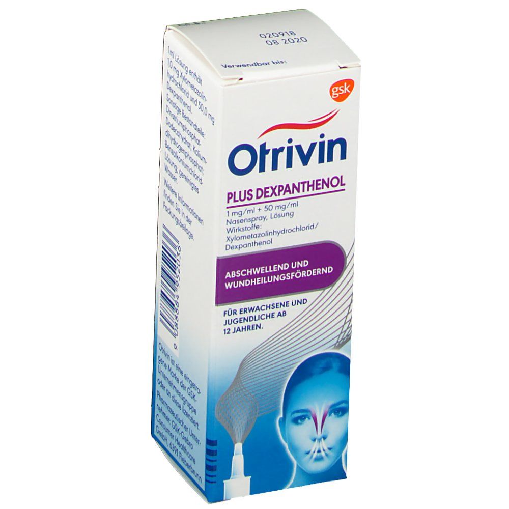 Otrivin Plus Dexpanthenol Nasenspray-Packung. Haupttext: Abschwellend und wundheilungsfördernd. Gsk-Logo oben rechts.