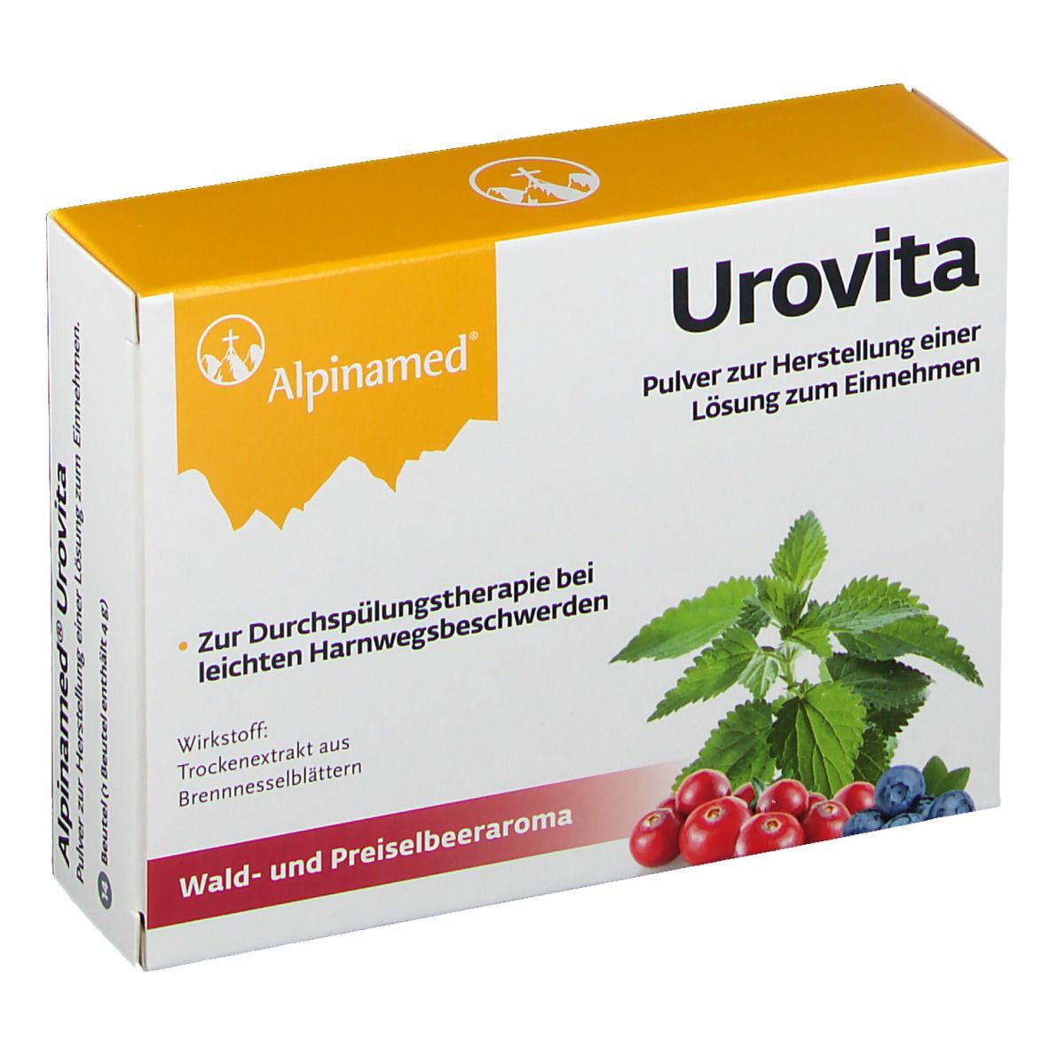 Alpinamed Urovita-Verpackung. Weißer Karton mit gelbem Deckel. Produktname und Illustration von Kräutern und Beeren.