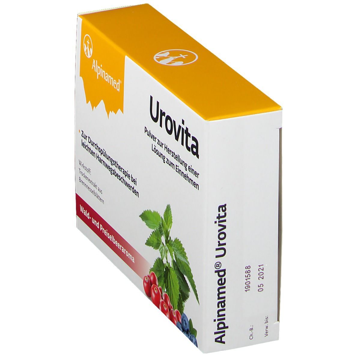 Schrägansicht der Alpinamed Urovita-Verpackung. Weißer Karton mit gelbem Deckel. Produktname und Logo.