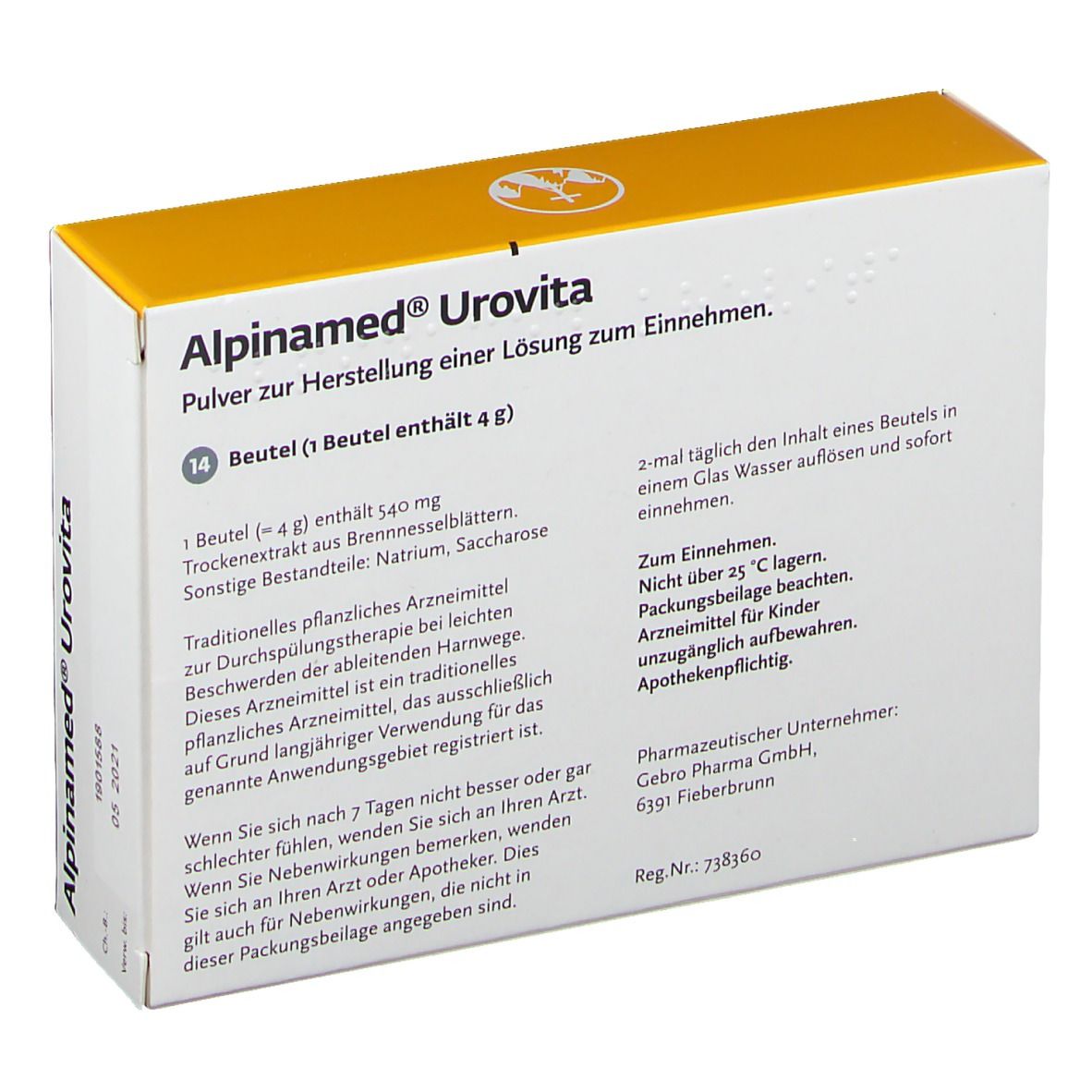 Rückseite der Alpinamed Urovita-Verpackung. Enthält Informationen zu Inhaltsstoffen und Anwendung. Weißer Karton mit gelbem Deckel.