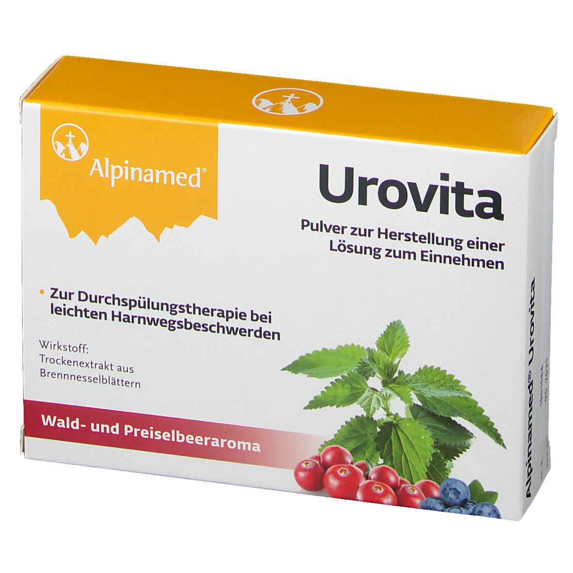 Alpinamed Urovita-Verpackung. Weißer Karton mit gelbem Deckel. Produktname und Illustration von Kräutern und Beeren.
