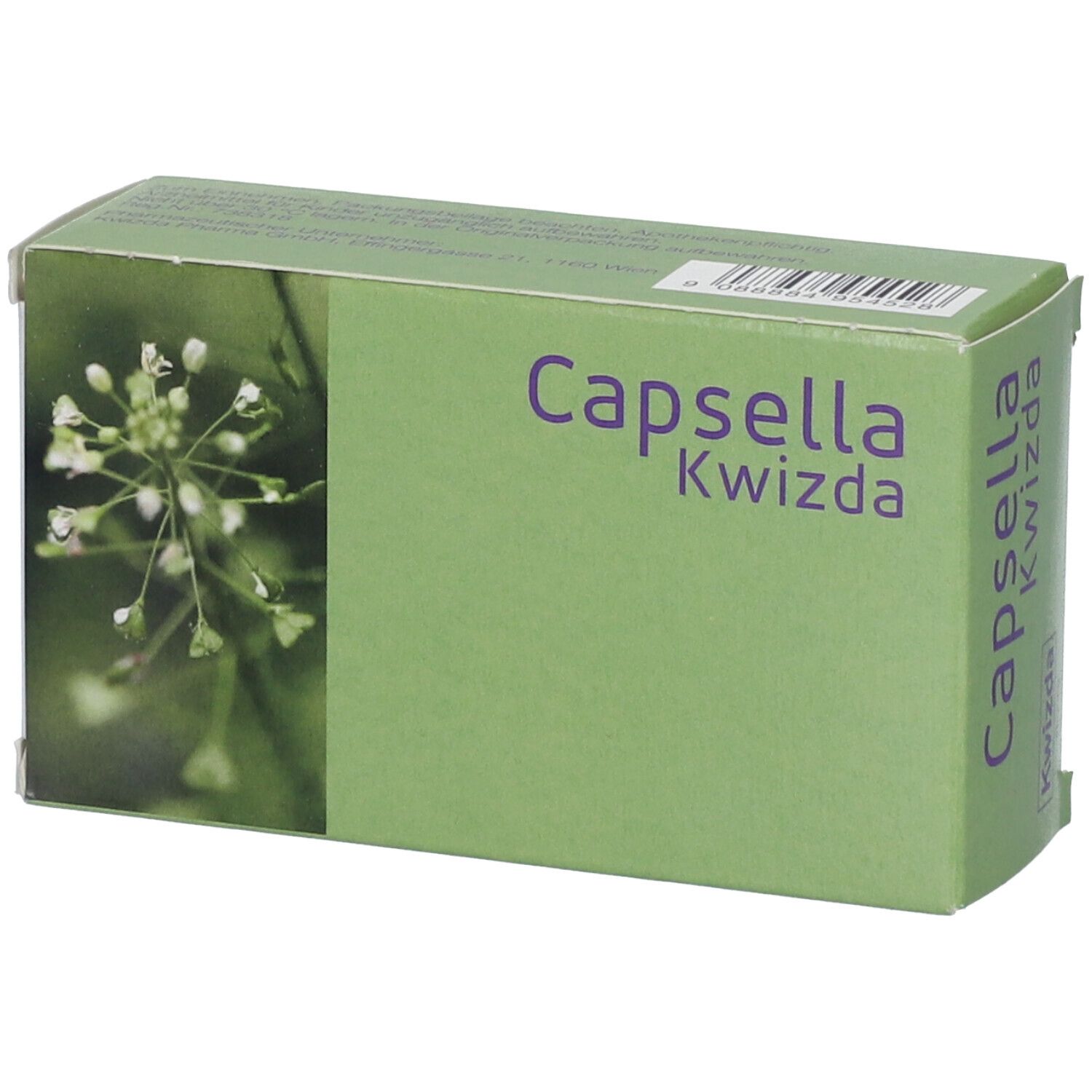 Grüne Schachtel mit dem Produktnamen Capsella Kwizda. Auf der Vorderseite ist eine Abbildung von Blüten.