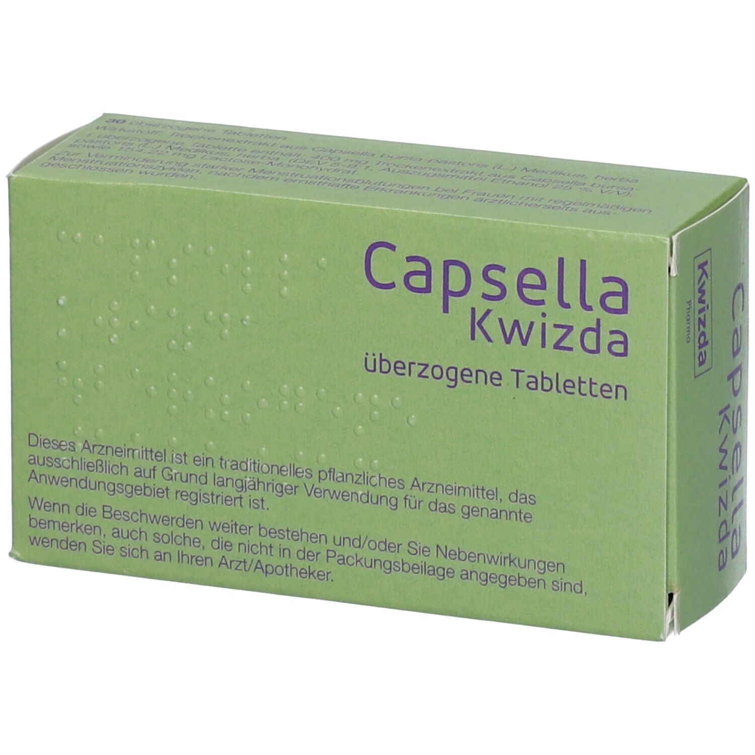 Grüne Schachtel mit dem Produktnamen Capsella Kwizda und der Bezeichnung 'überzogene Tabletten'.